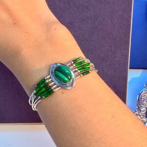 Vintage Native American Navajo Green Malachite 5-strand Liquid Silver Bracelet,7